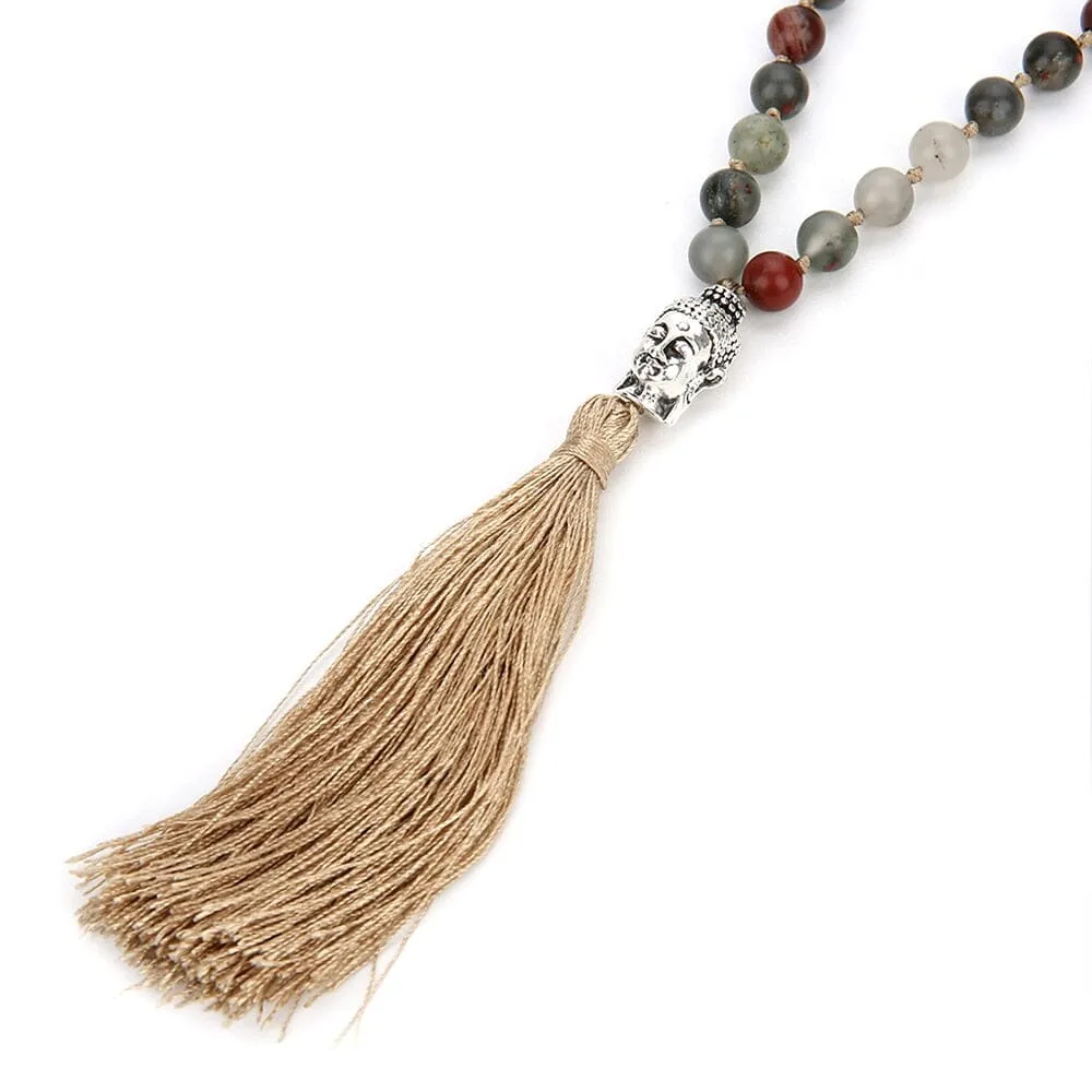 108 Mala Beaded Bloodstone Tassel Pendant Necklace