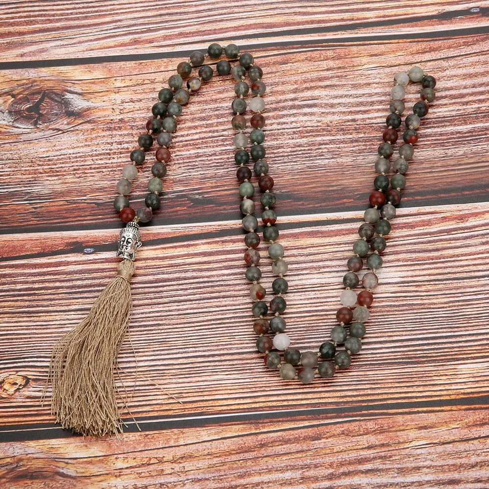 108 Mala Beaded Bloodstone Tassel Pendant Necklace