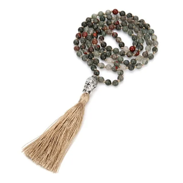 108 Mala Beaded Bloodstone Tassel Pendant Necklace