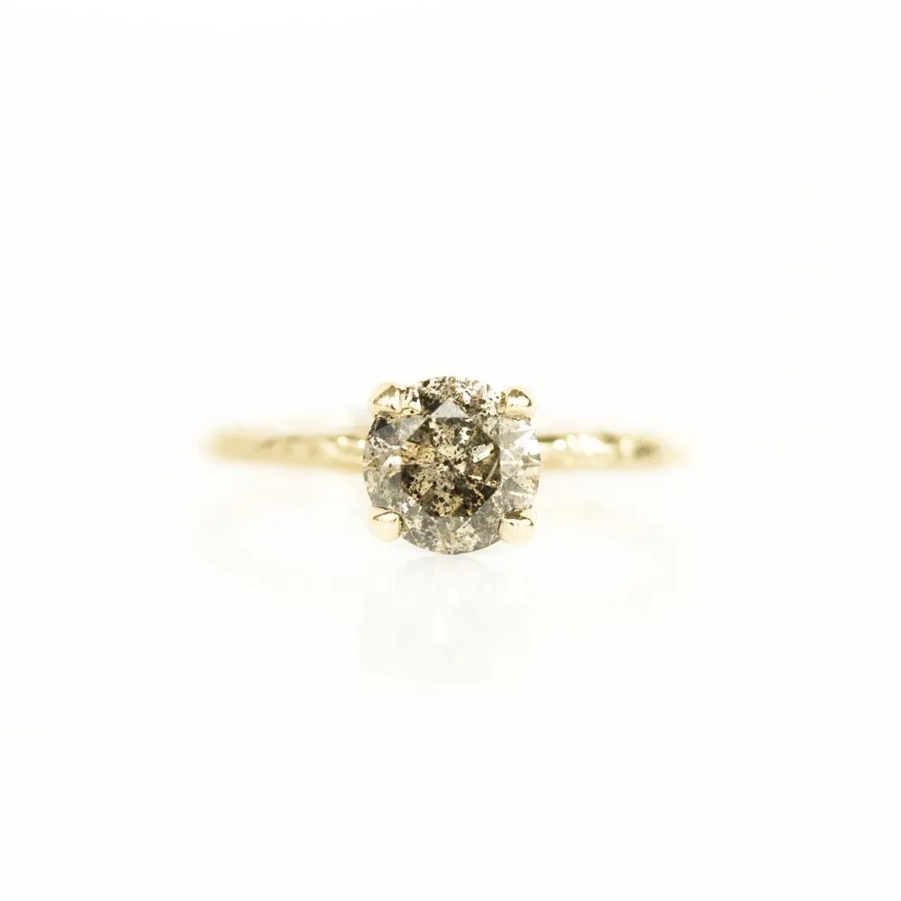 1.28ct Dark IGI Salt and Pepper Diamond Evergreen 4 Prong Solitaire in 14k Yellow Gold