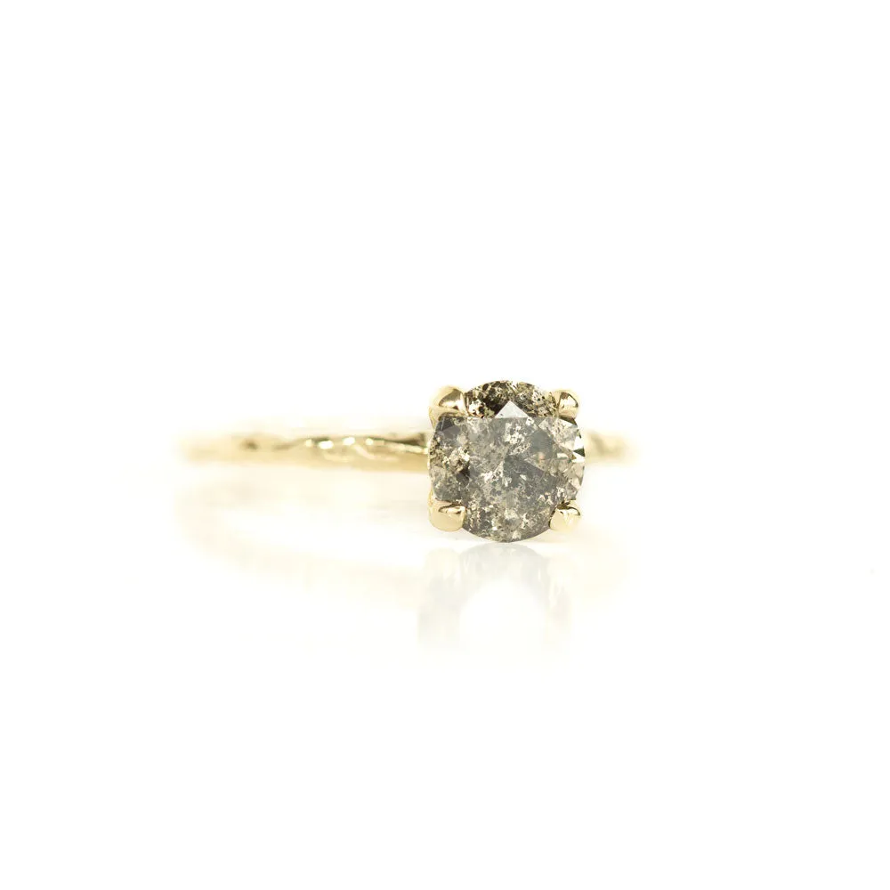 1.28ct Dark IGI Salt and Pepper Diamond Evergreen 4 Prong Solitaire in 14k Yellow Gold