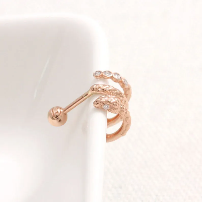 14K 18K Solid Gold Moissanite Snake Ear Hoop Stud Cartilage Tragus Helix Conch Lobe Piercing Earring