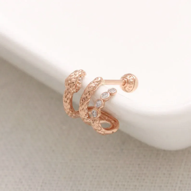 14K 18K Solid Gold Moissanite Snake Ear Hoop Stud Cartilage Tragus Helix Conch Lobe Piercing Earring