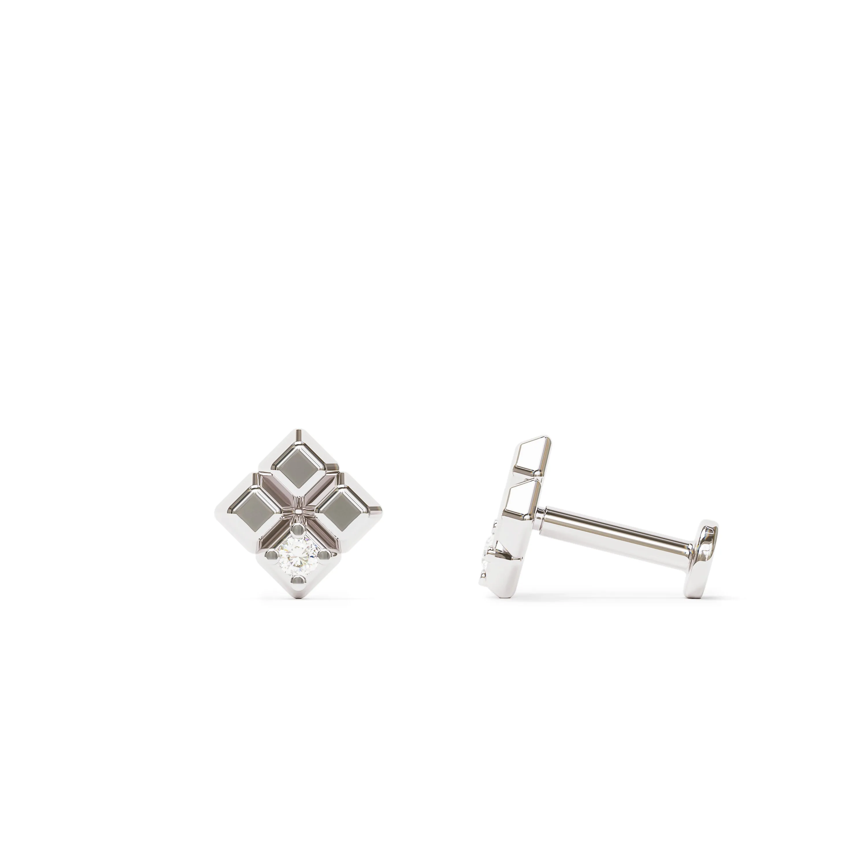 14K Gold Diamond Unique Square Stud