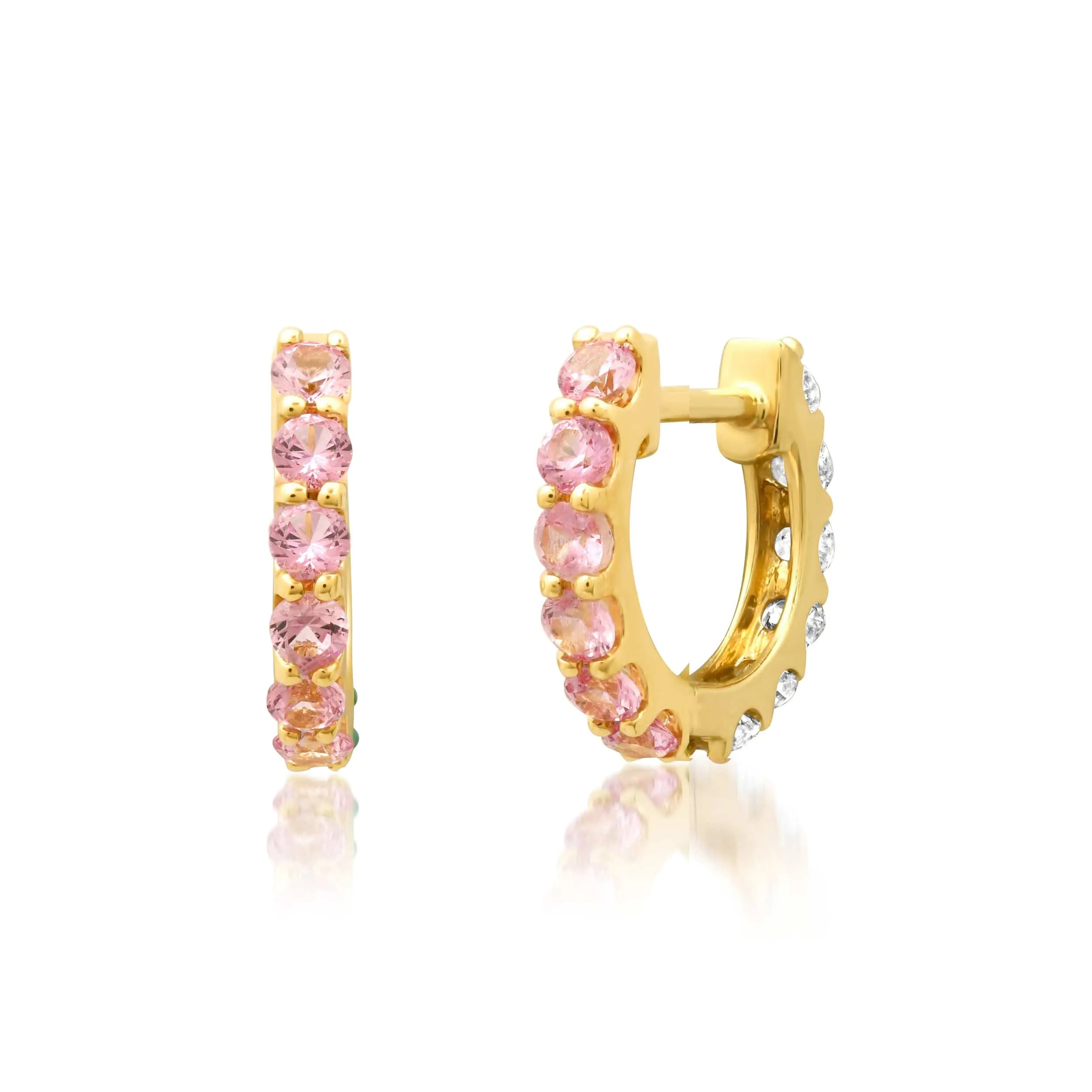 14K Gold Half & Half Pink Sapphire & Diamond Huggie Hoops Earrings