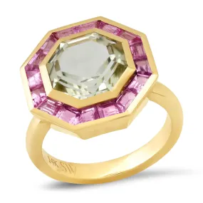 14K YG Green Amethyst and Pink Sapphire Bia Ring