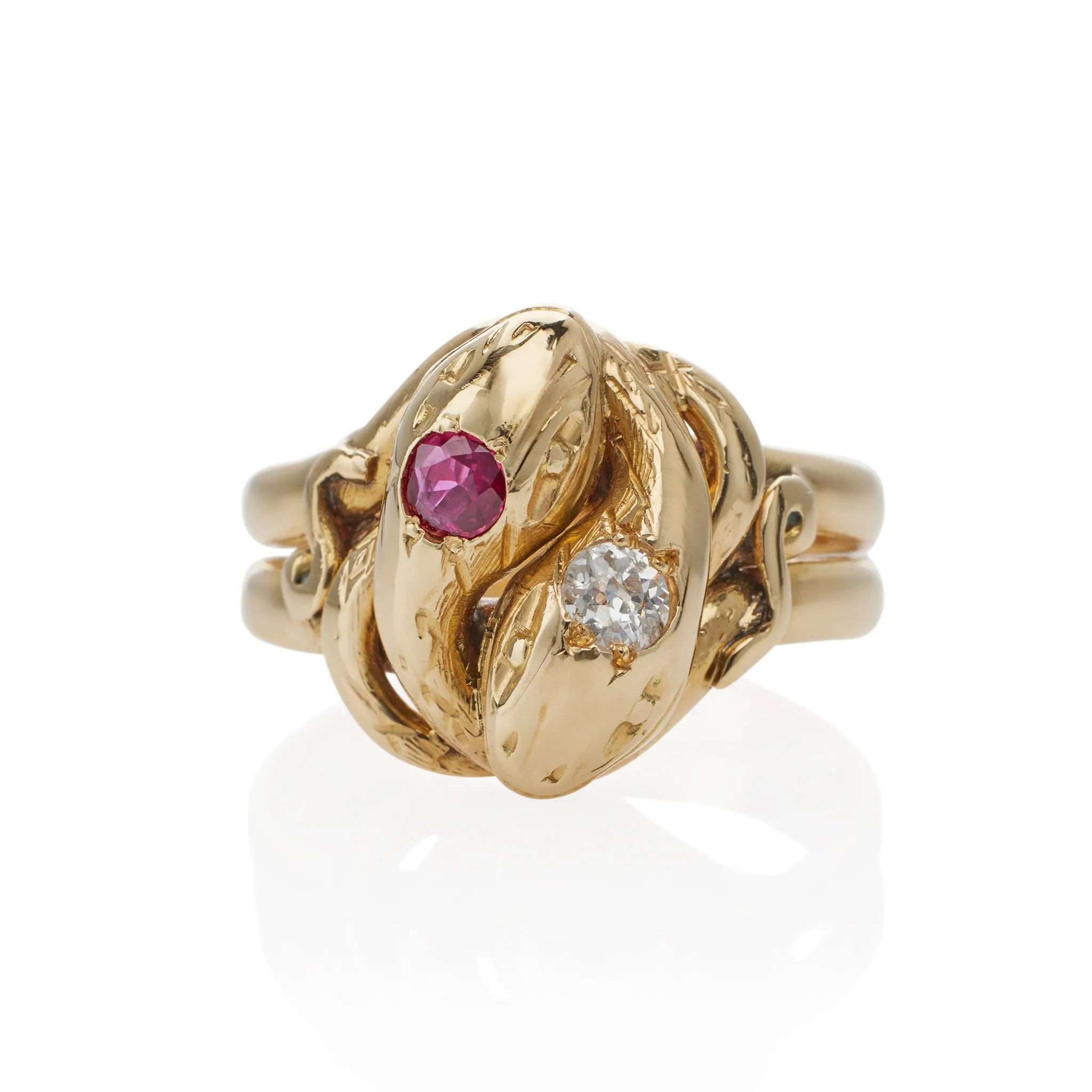 Antique 18K Gold, Ruby and Diamond Double Snake Ring