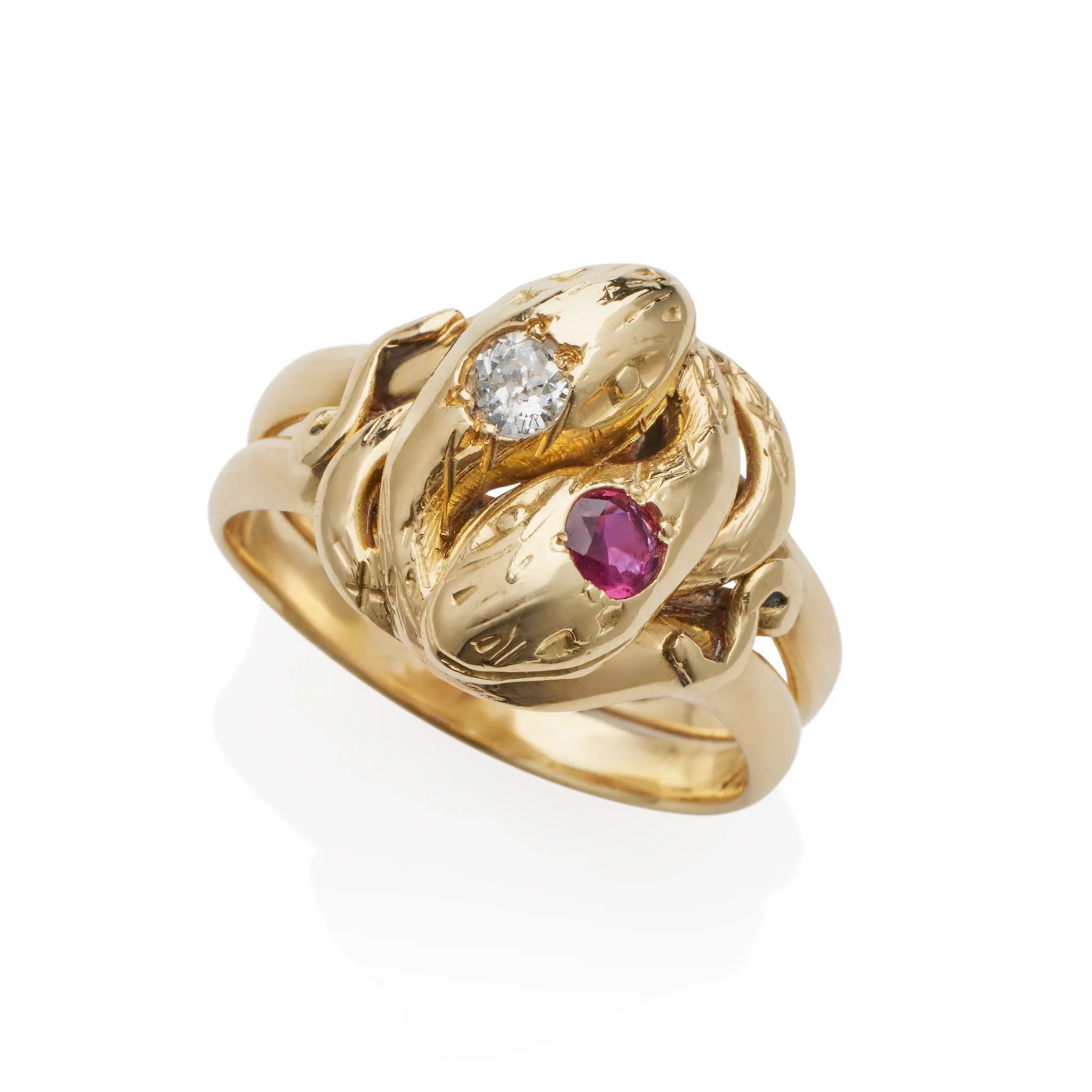 Antique 18K Gold, Ruby and Diamond Double Snake Ring