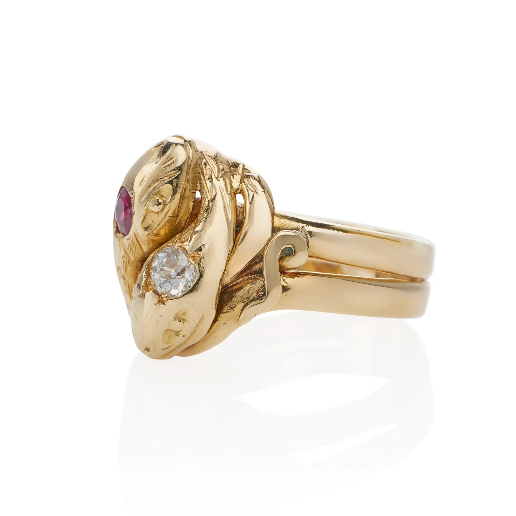 Antique 18K Gold, Ruby and Diamond Double Snake Ring