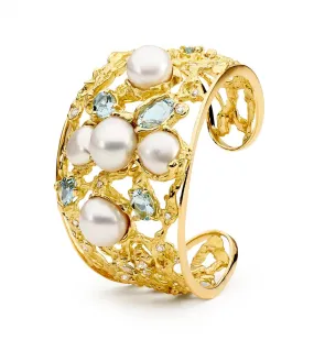 Aquamarine, Pearl and Diamond Cuff