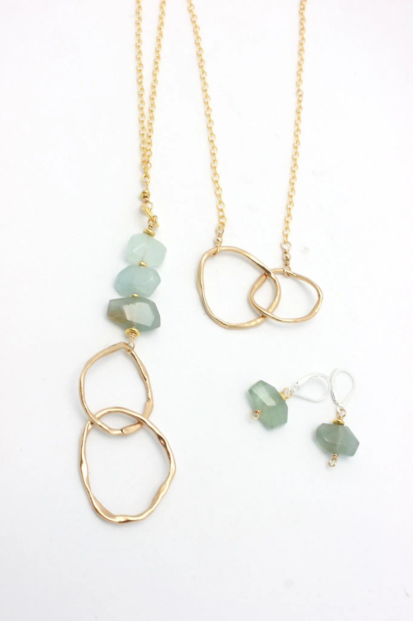 Aquamarine Stone & Bronze Double Link Gold Necklace