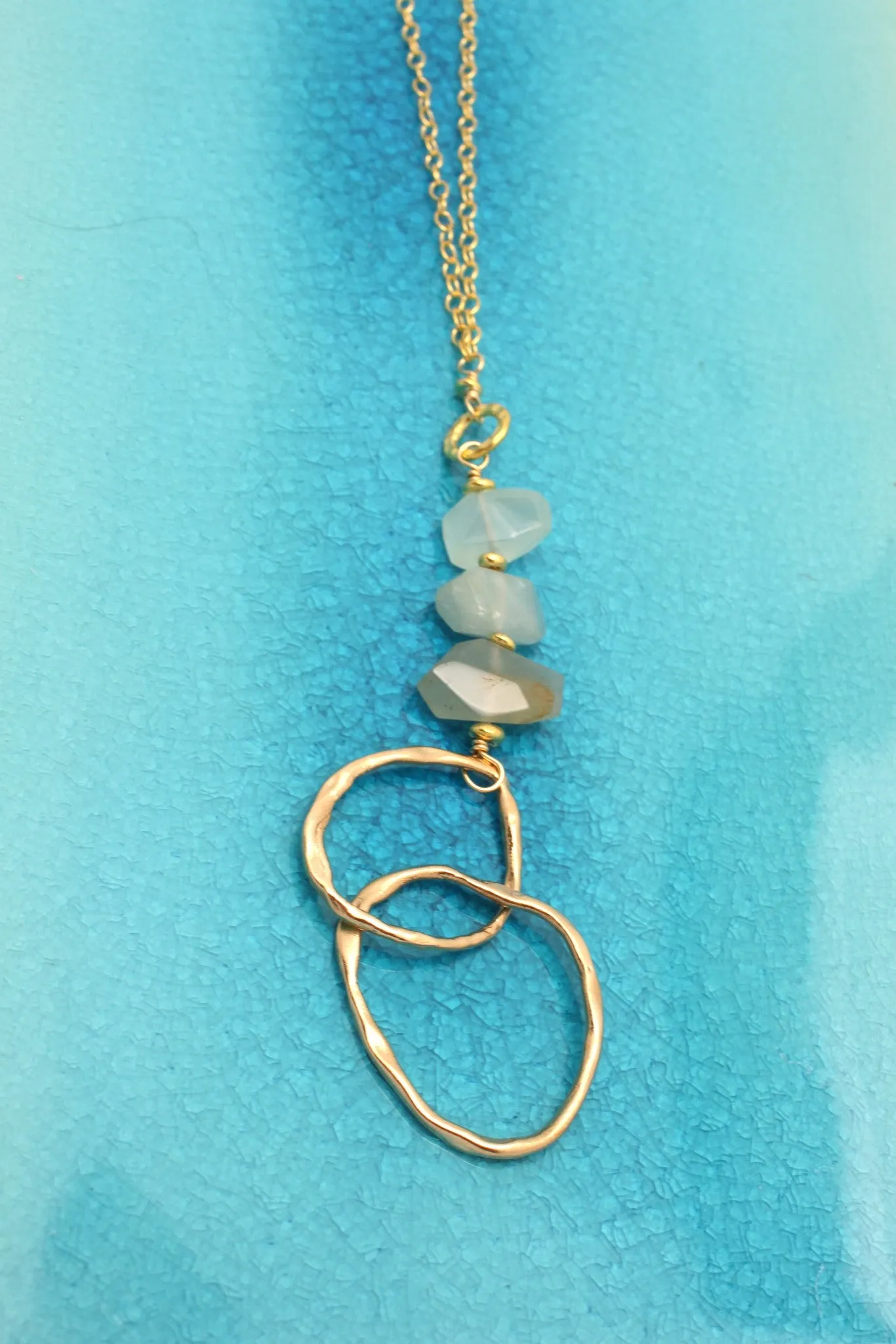 Aquamarine Stone & Bronze Double Link Gold Necklace