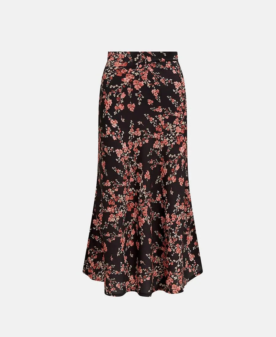 Black Floral Satin Midi Skirt