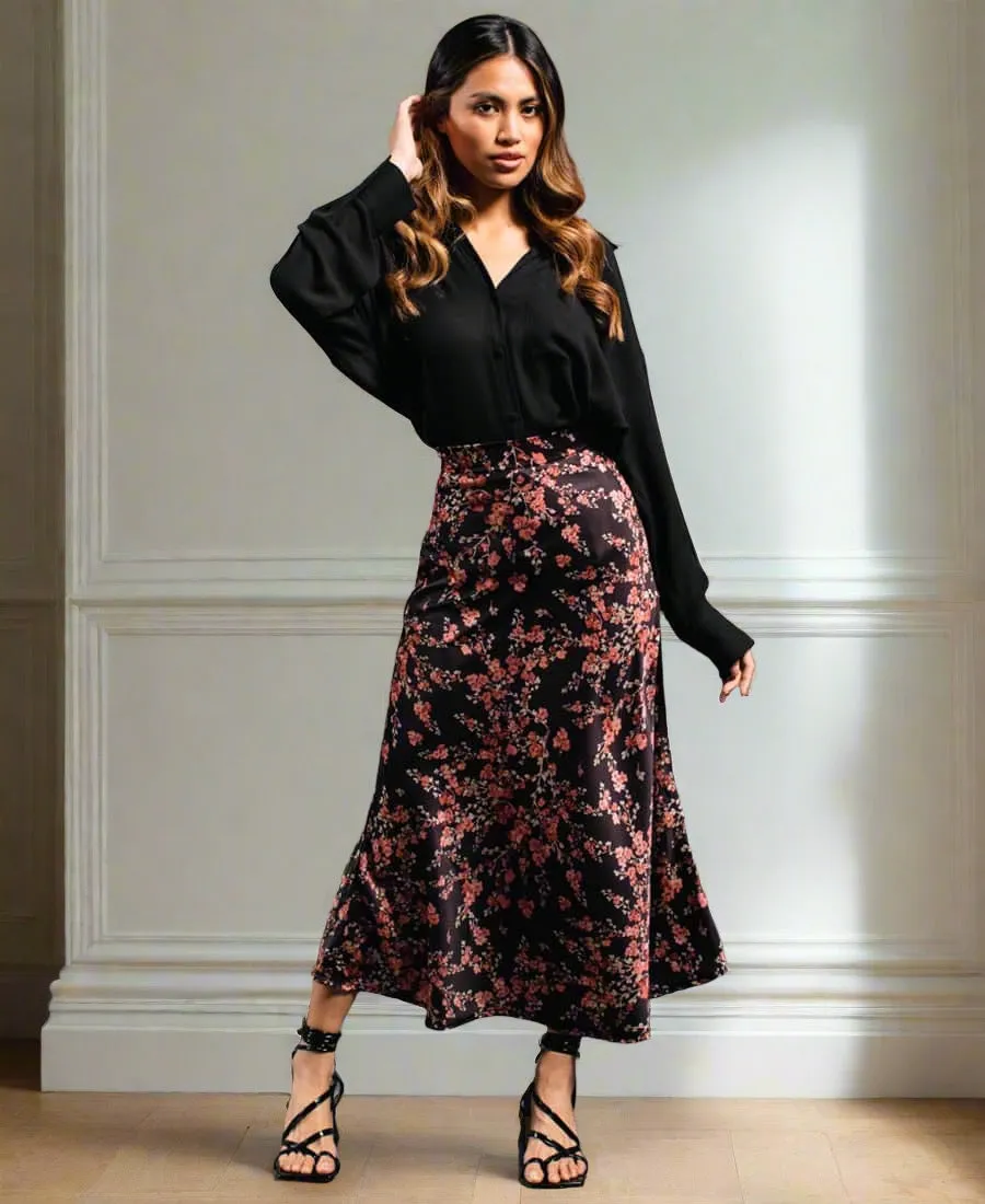 Black Floral Satin Midi Skirt