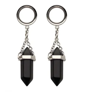 Black Obsidian Crystal Dangle Stainless Steel Tunnel Plugs