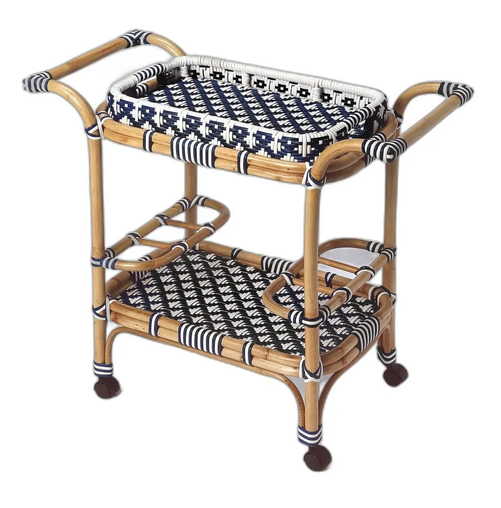 Blue And White Rattan Bar Cart