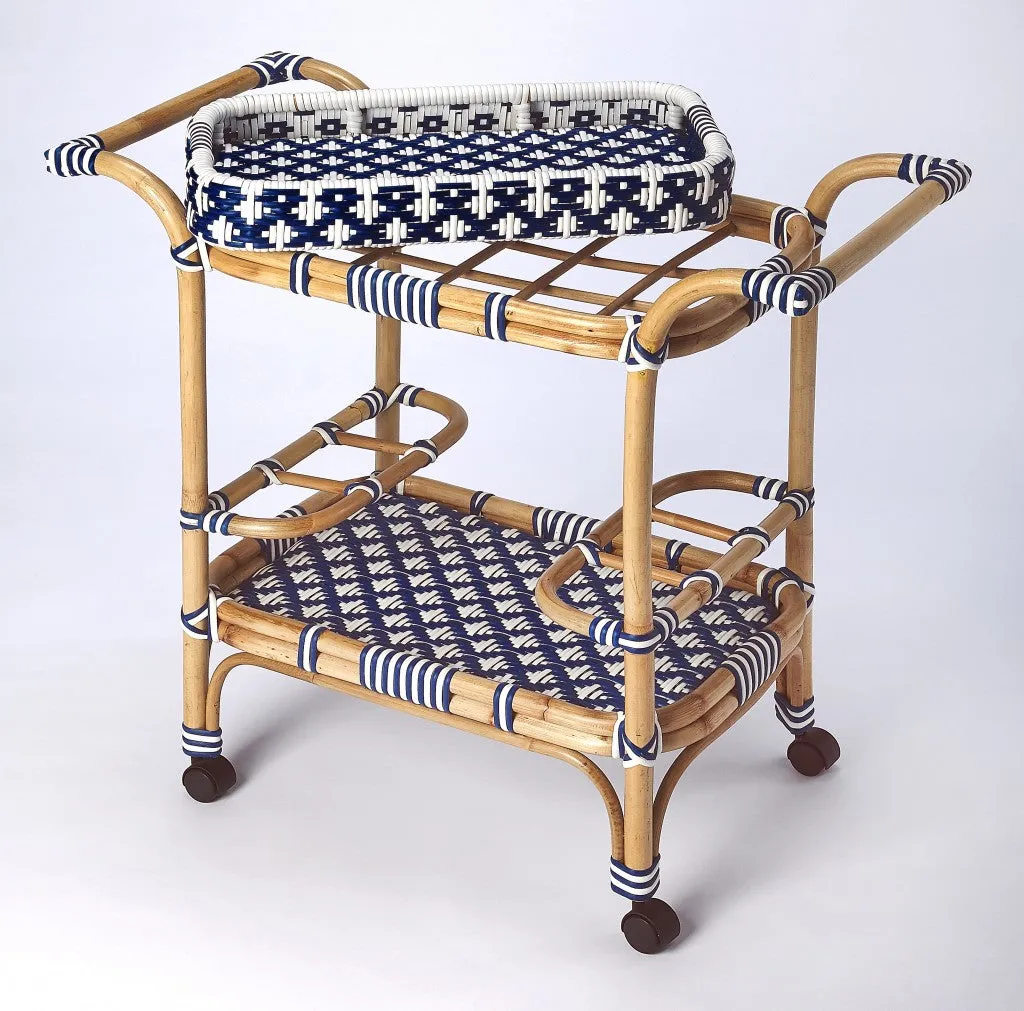 Blue And White Rattan Bar Cart