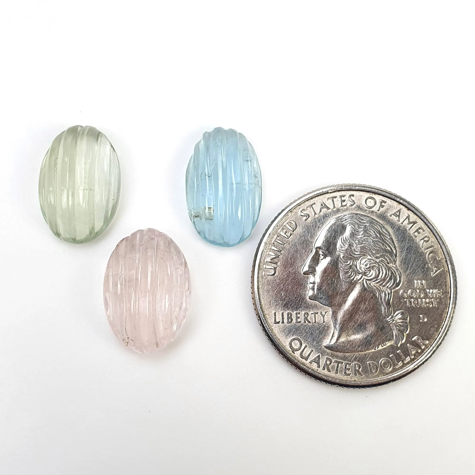 Blue Green AQUAMARINE & Pink MORGANITE Gemstone Carving : 16.00cts Natural Untreated Oval Shape 15*10mm 3pcs (With Video)