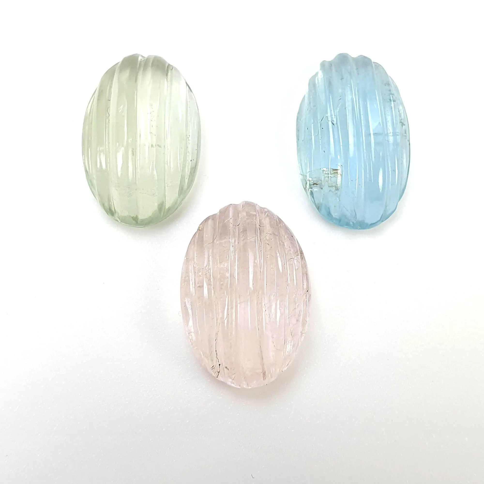 Blue Green AQUAMARINE & Pink MORGANITE Gemstone Carving : 16.00cts Natural Untreated Oval Shape 15*10mm 3pcs (With Video)