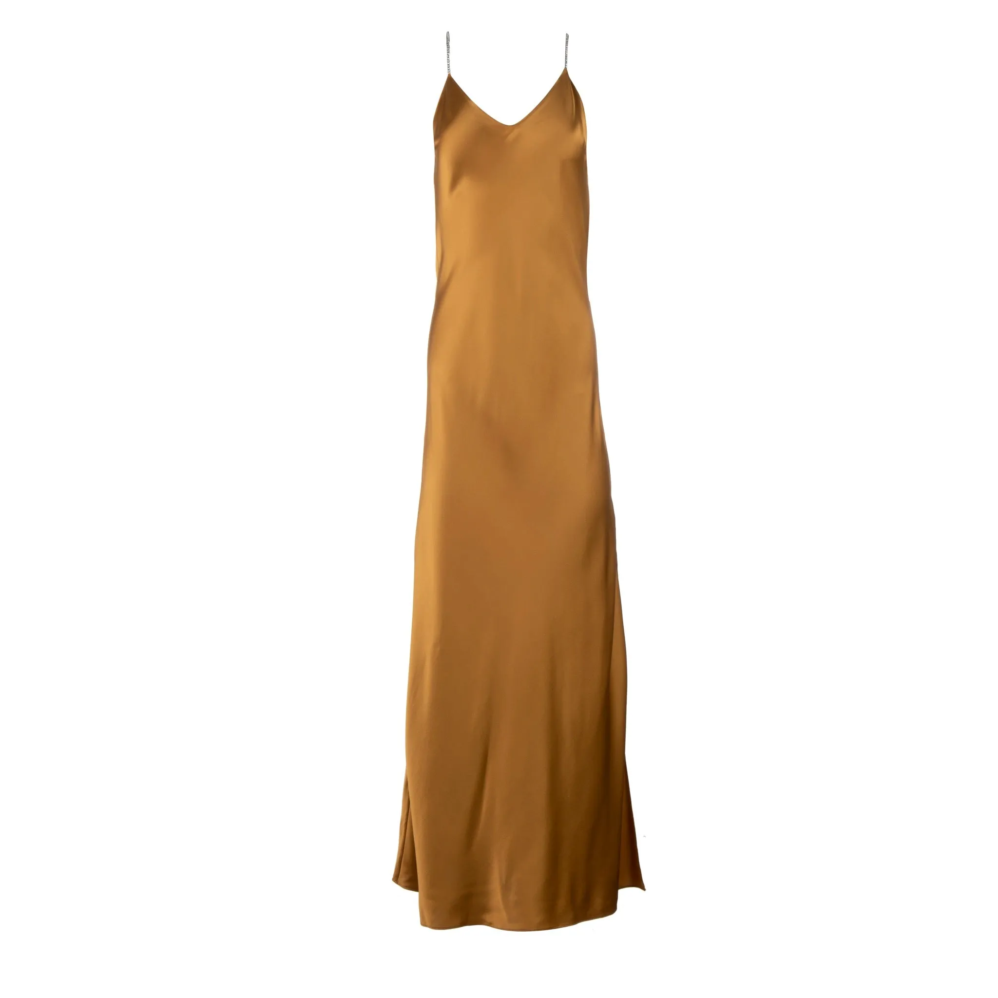 Bronze Crystal Strap Long Silk Slip Dress