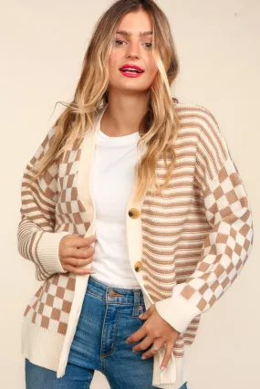 BUTTON DOWN CHECKER STRIPE SWEATER CARDIGAN