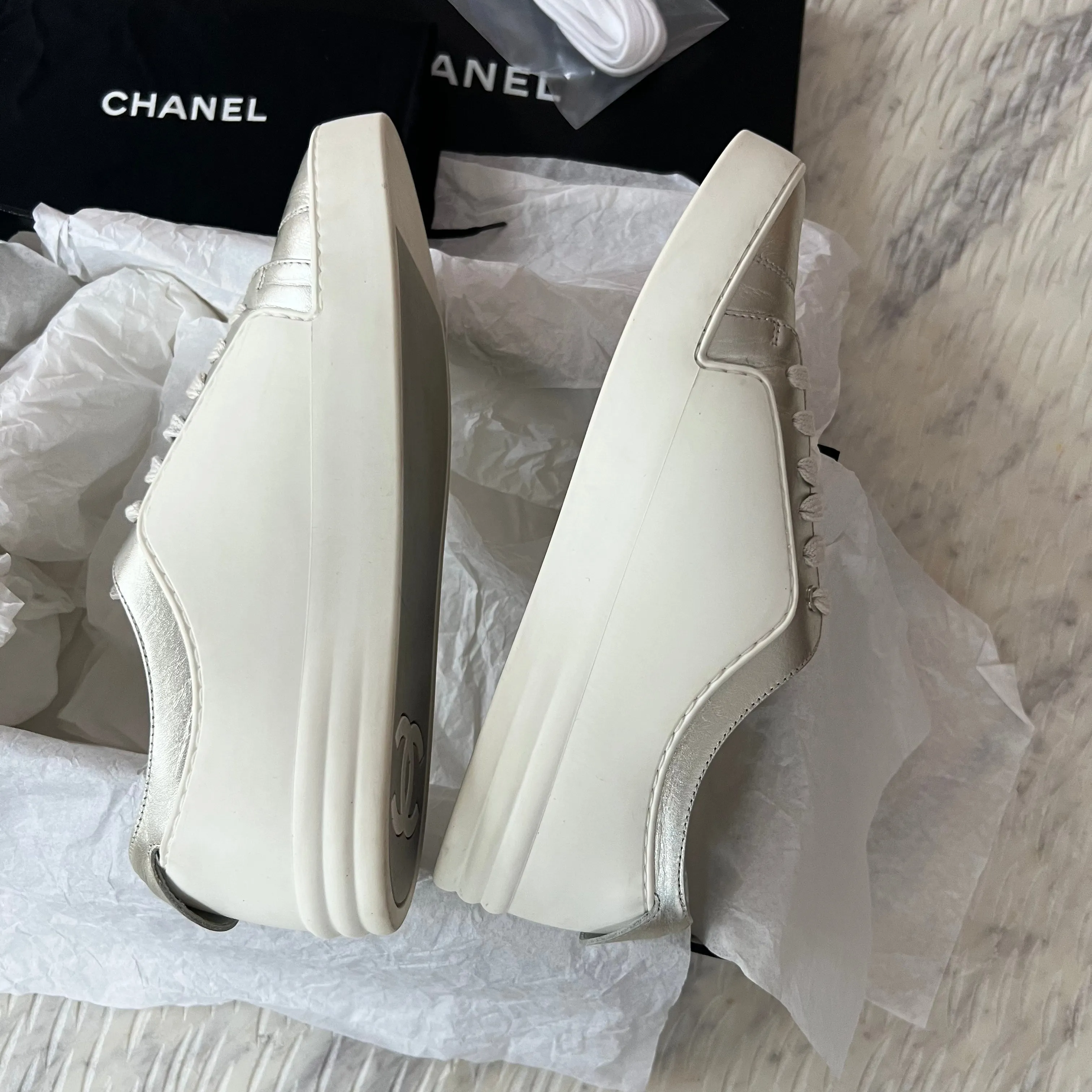 Chanel Silver CC Leather Low Top Sneakers