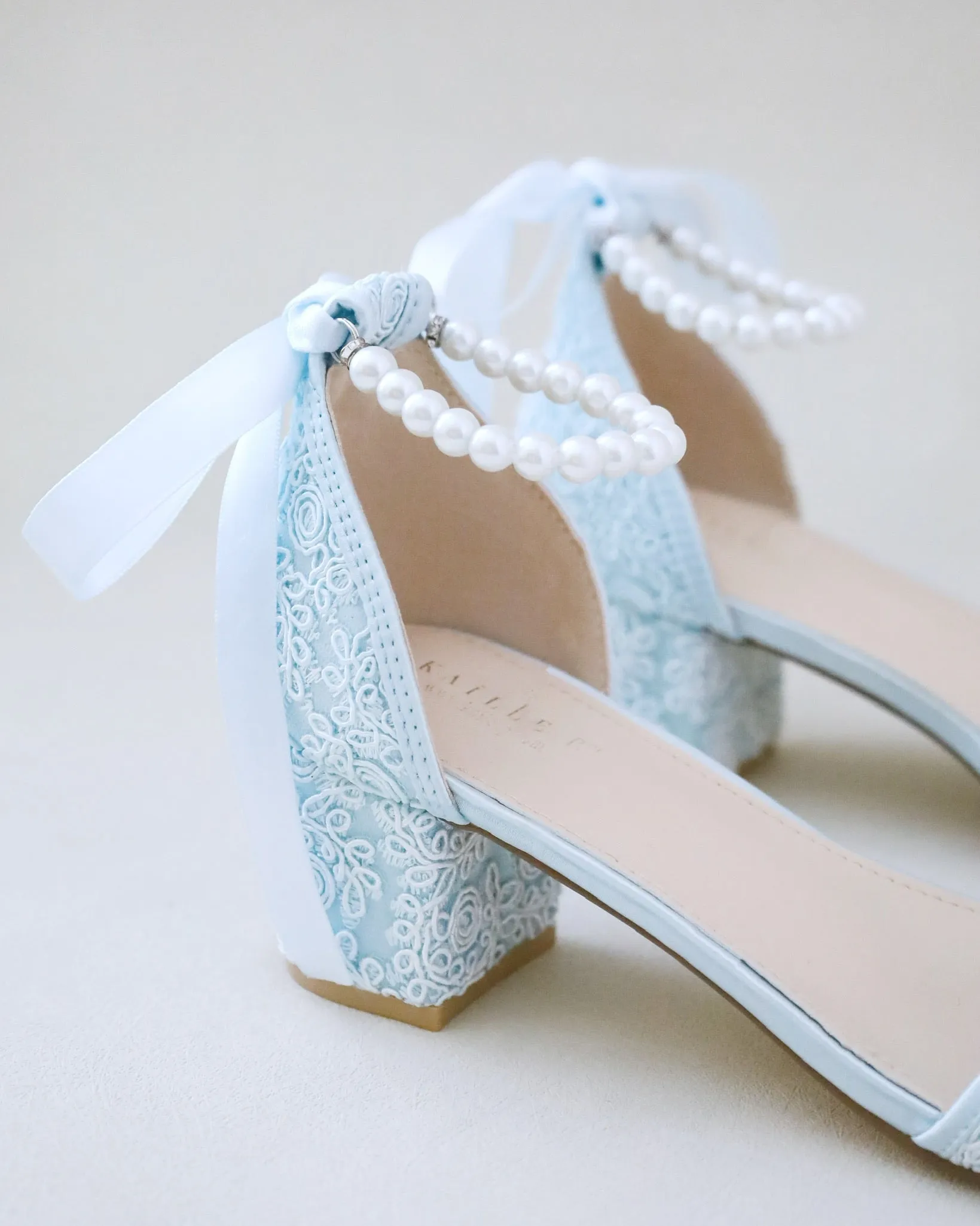 Crochet Lace Block Heel Wedding Sandals with Pearl Ankle Strap