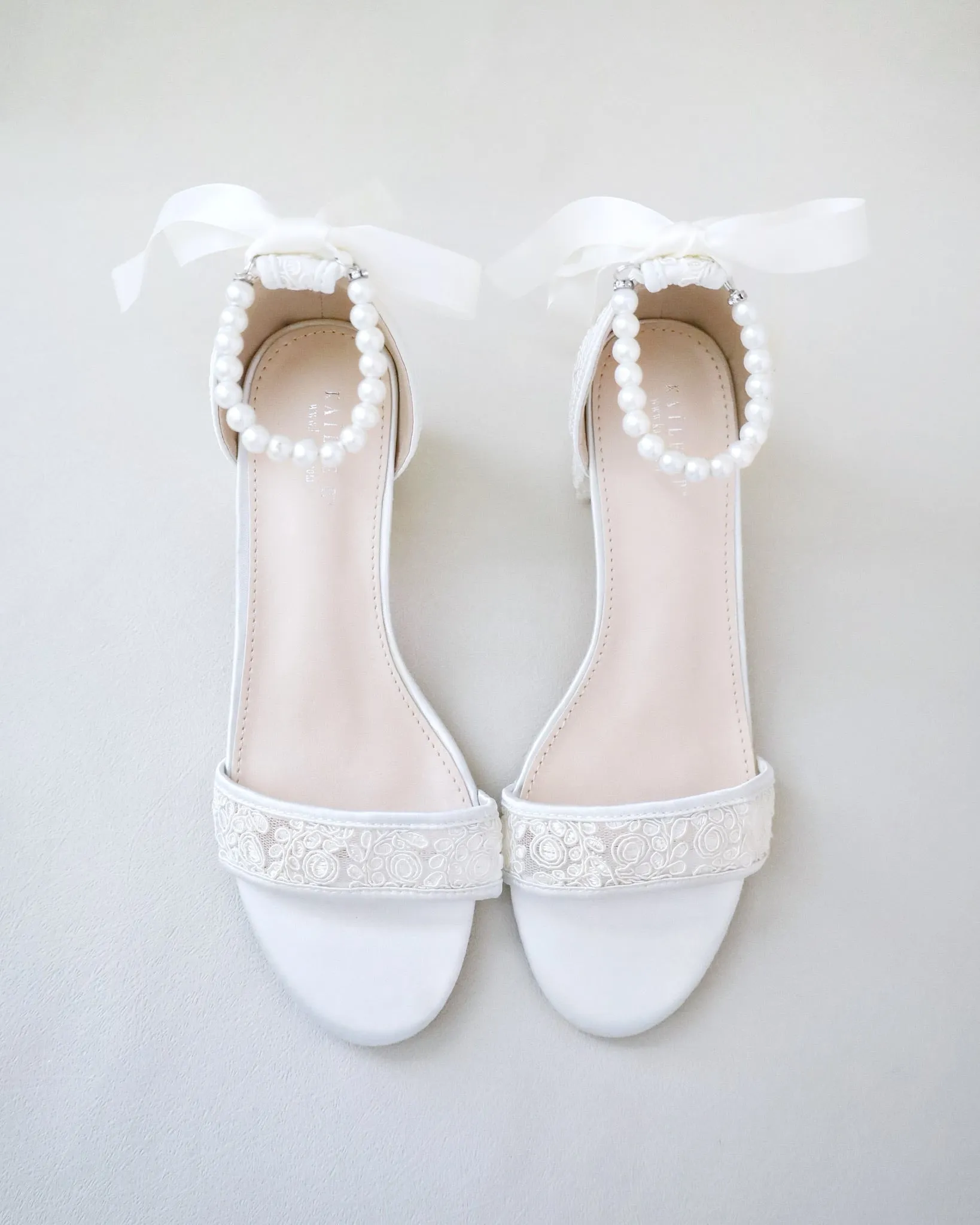 Crochet Lace Block Heel Wedding Sandals with Pearl Ankle Strap