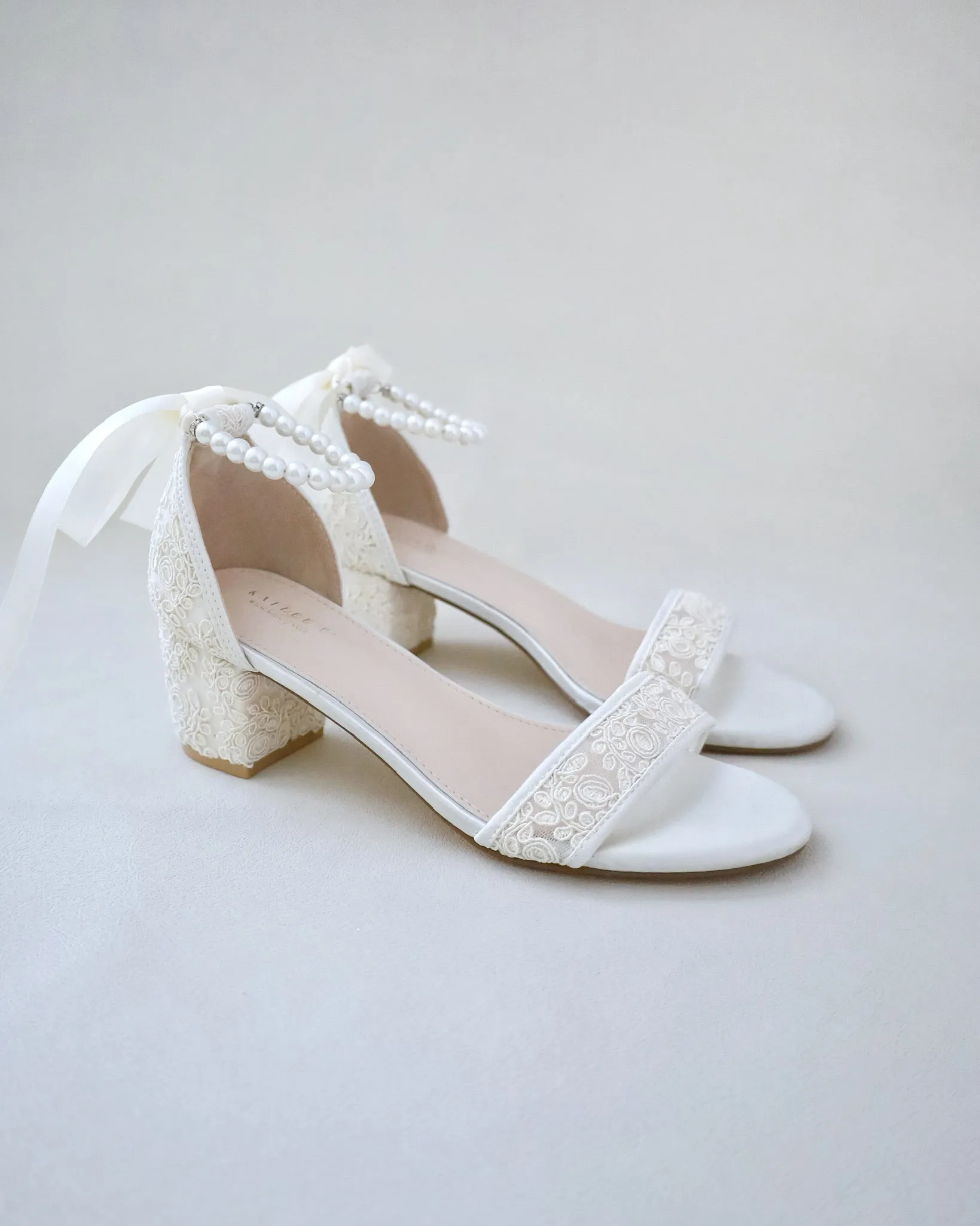 Crochet Lace Block Heel Wedding Sandals with Pearl Ankle Strap