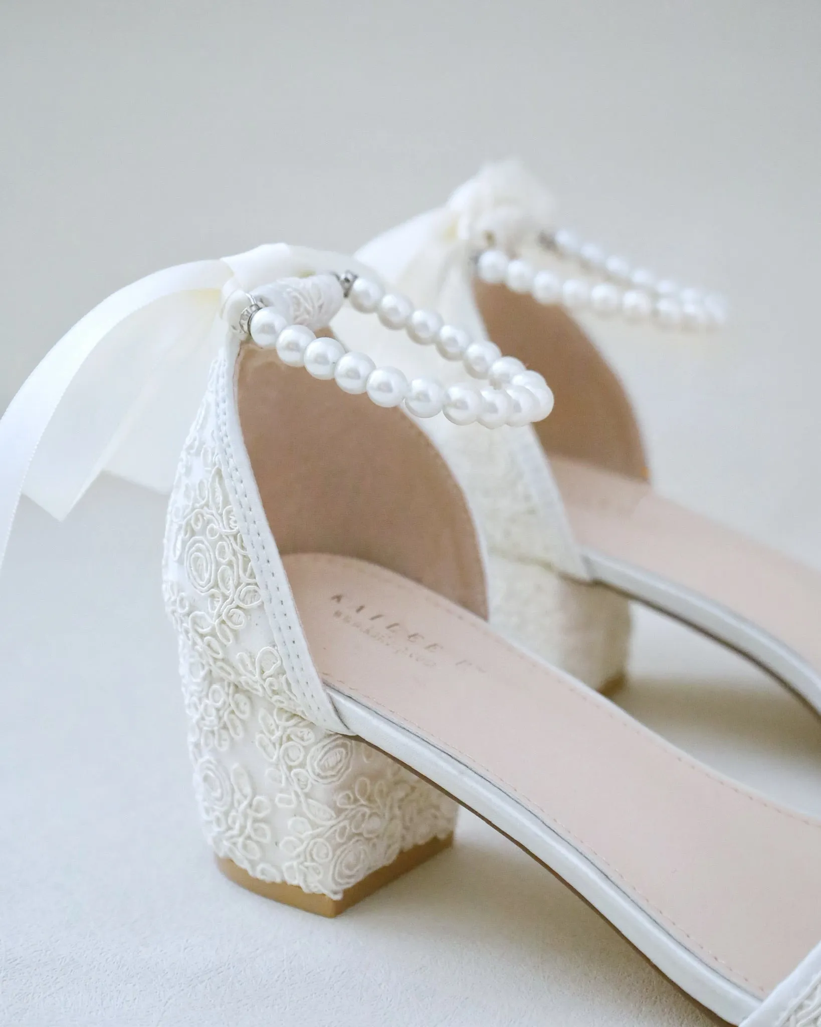 Crochet Lace Block Heel Wedding Sandals with Pearl Ankle Strap