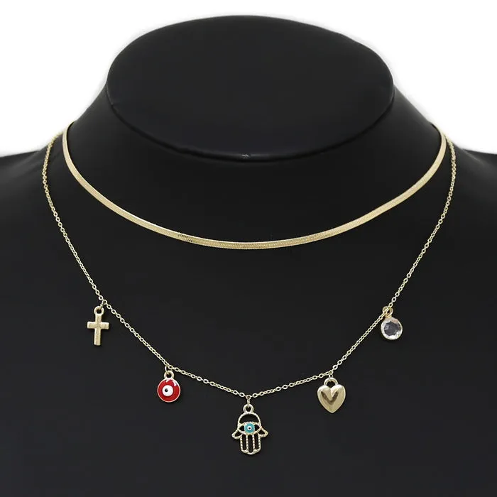 Cross / Heart  / Hamsa / Evil Eye Charm Layered Chain Necklace