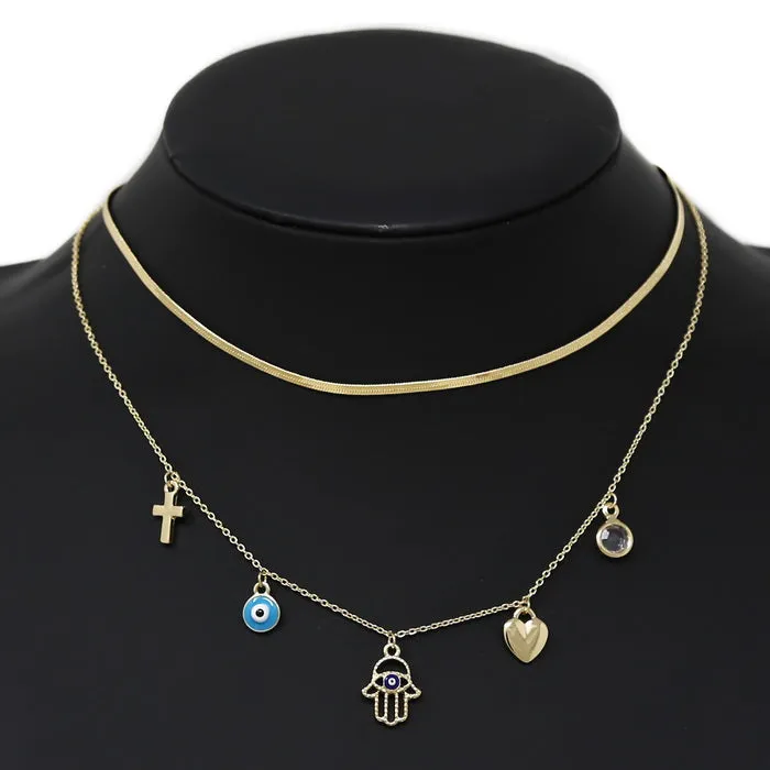 Cross / Heart  / Hamsa / Evil Eye Charm Layered Chain Necklace