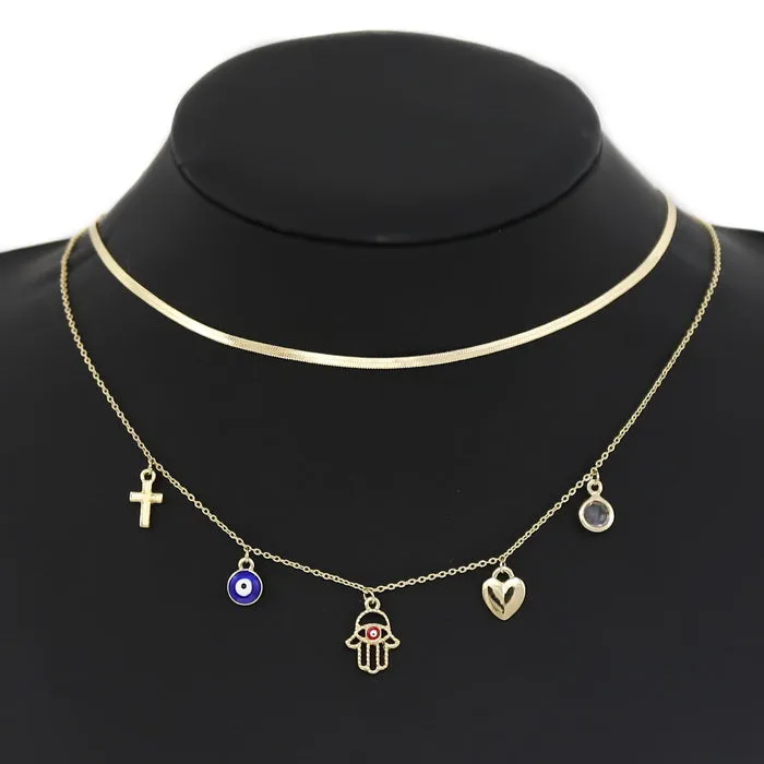 Cross / Heart  / Hamsa / Evil Eye Charm Layered Chain Necklace