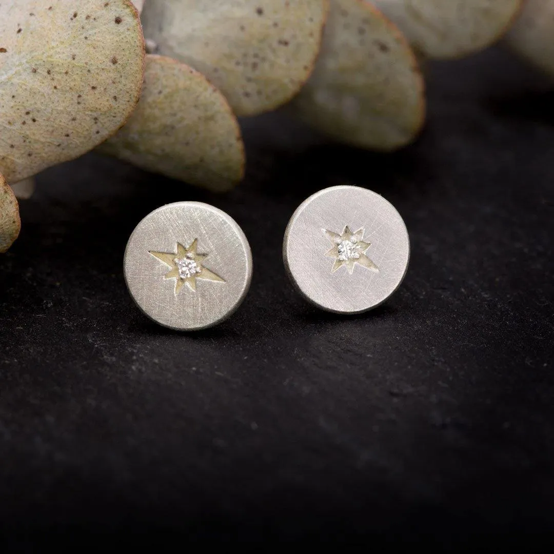 Diamond Star Set Round Disk Stud Earrings