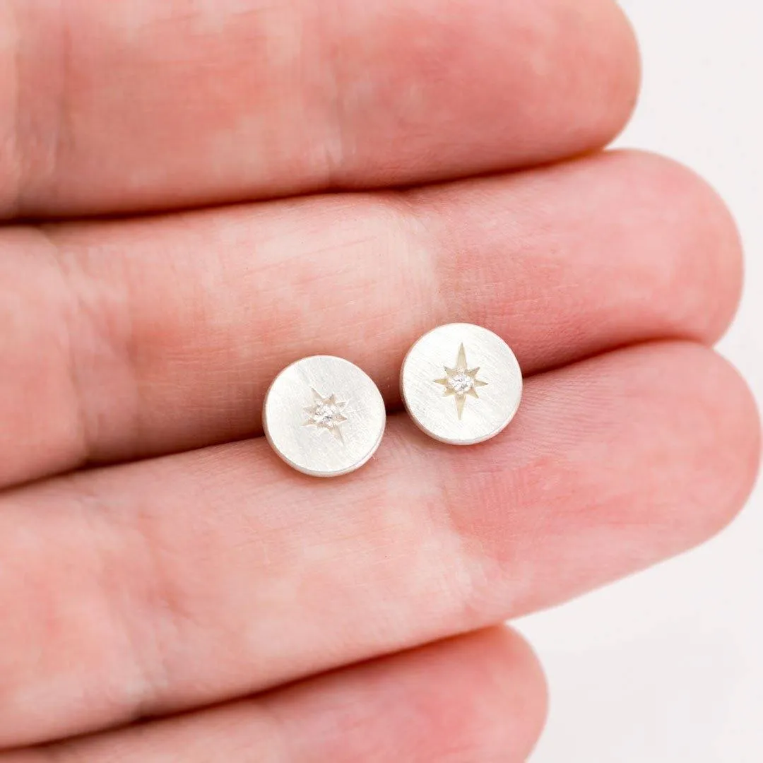 Diamond Star Set Round Disk Stud Earrings