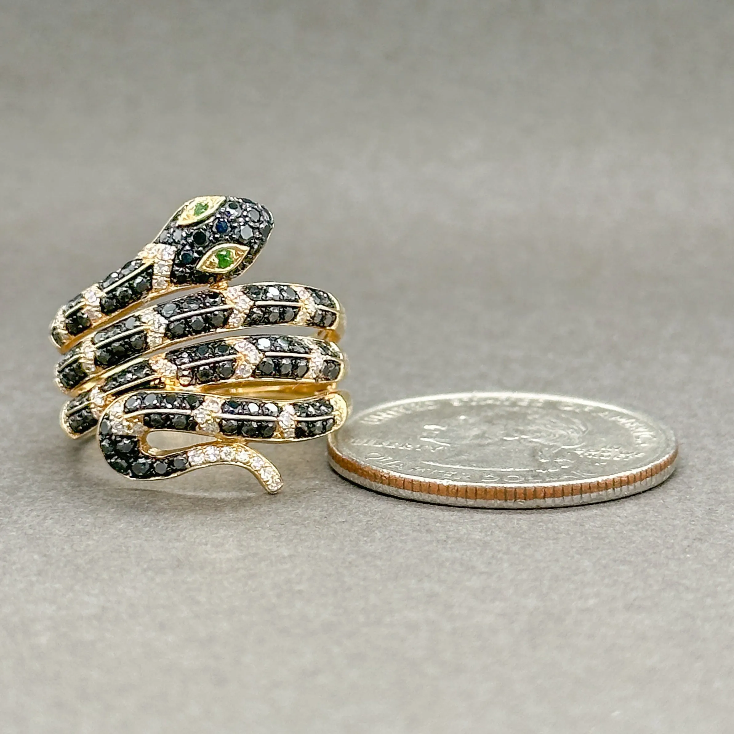 Estate Effy 14K Y Gold 0.75ctw Black & G-H/SI2-I1 Diamond & 0.02ctw Garnet Safari Snake Ring