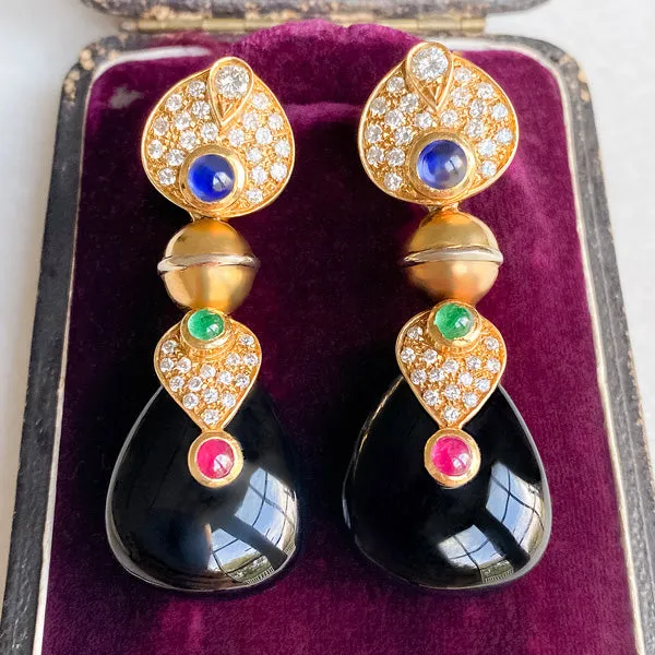 Estate Sapphire, Emerald, Ruby & Diamond Earrings