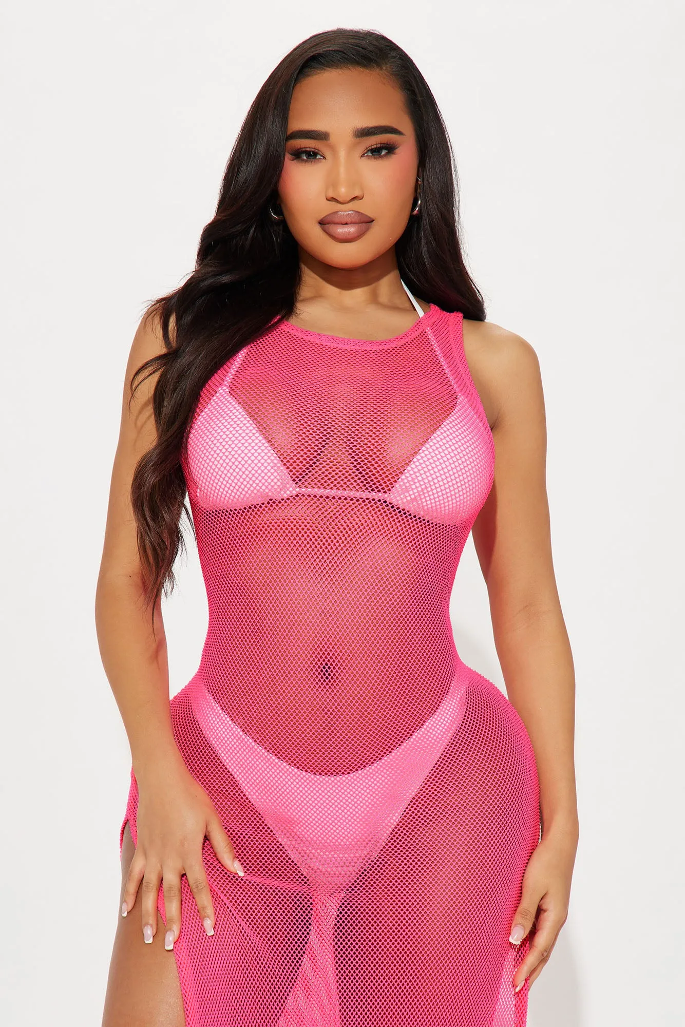 Good Times And Tan Lines Slit Fishnet Cover Up Dress - Pink