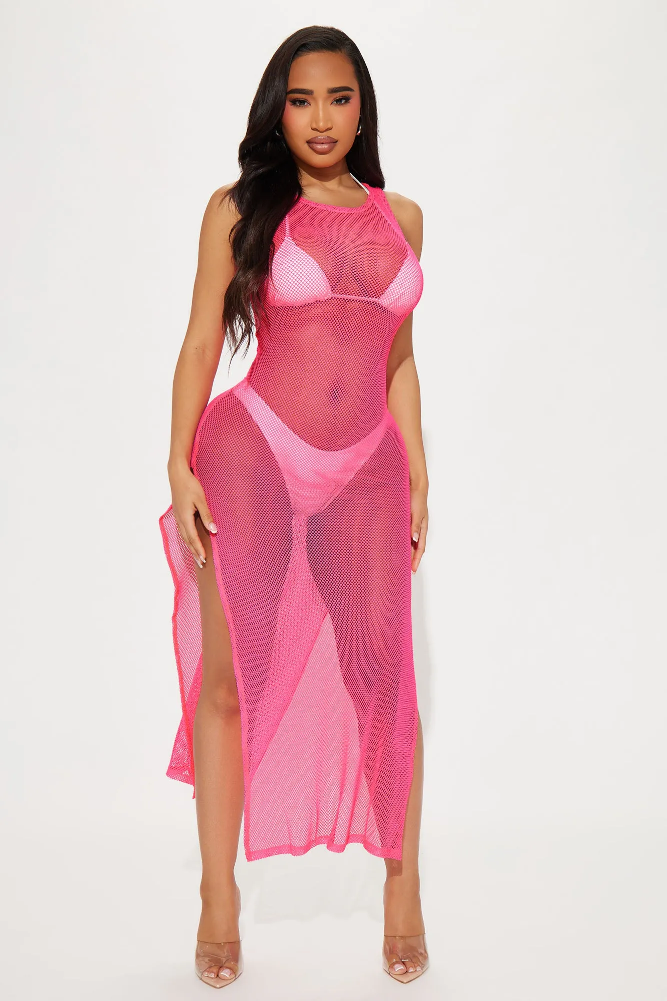 Good Times And Tan Lines Slit Fishnet Cover Up Dress - Pink