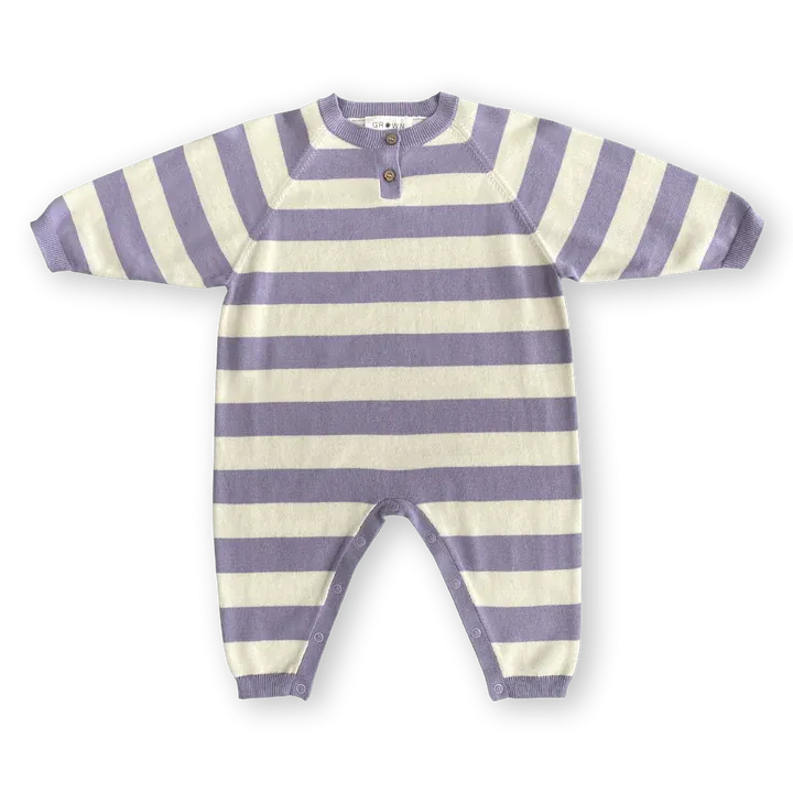 Grown - Organic Striped Essential Starsuit - Iris/Milk