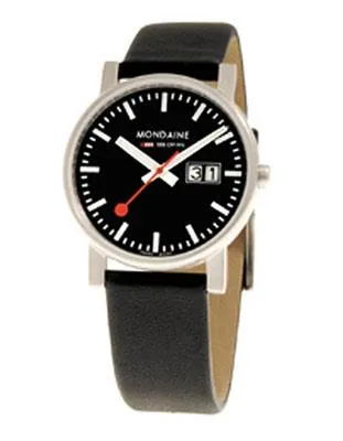 Mondaine Evo Mens 35mm Big Date - Black Dial - Black Leather Strap