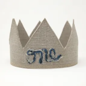 oh baby! First Birthday Linen Crown - One Multi Blue Yarn - Oatmeal