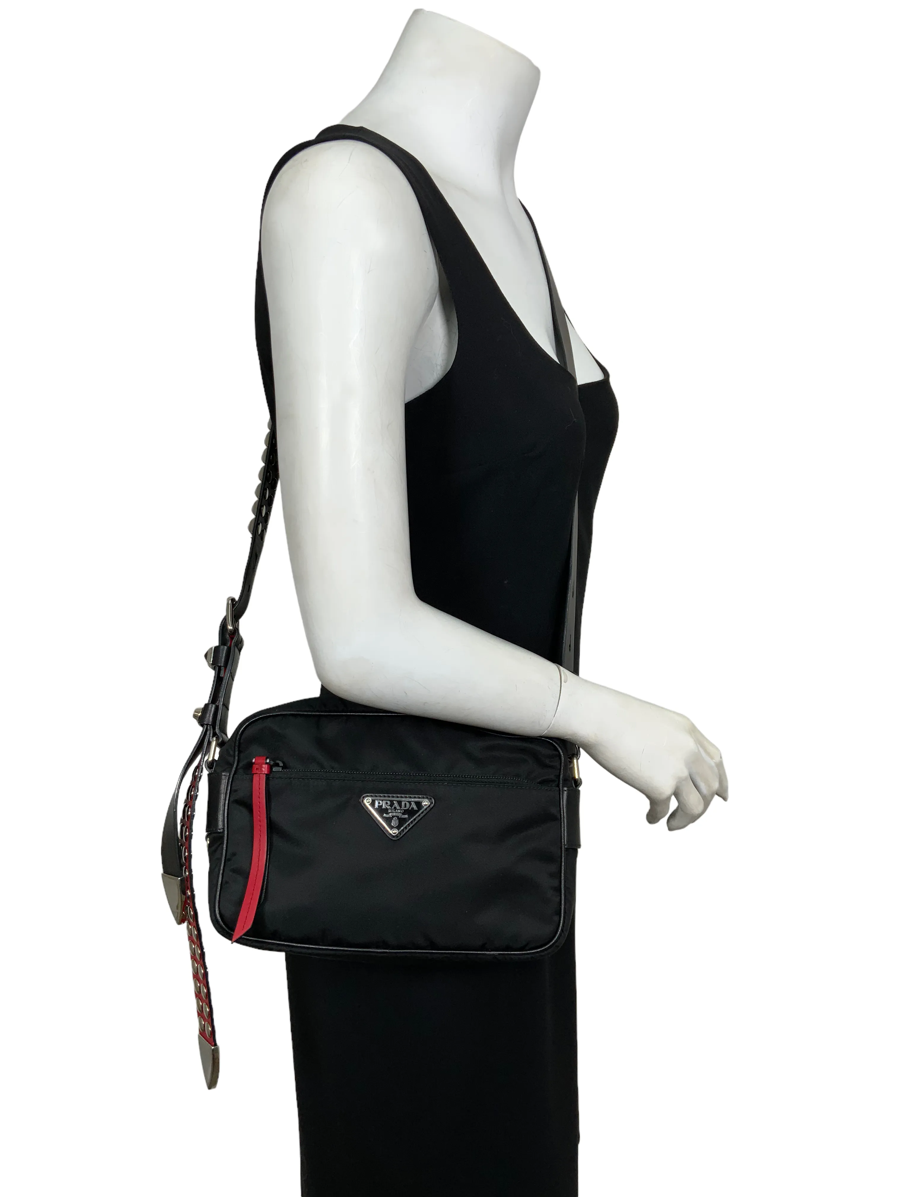 PRADA Tessuto Nylon Studded New Vela Shoulder Bag