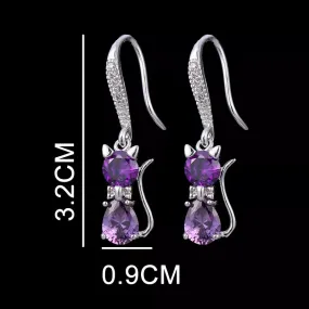 Purple Crystal Cat Earrings (Platinum Plated)