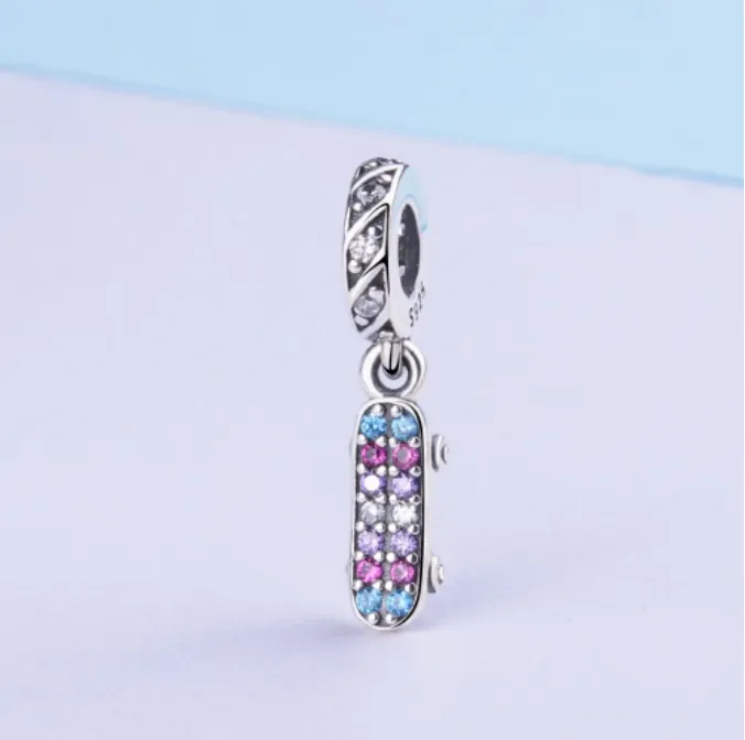 Purple Crystal Skateboard Charm 925 Sterling Silver