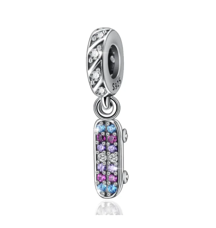 Purple Crystal Skateboard Charm 925 Sterling Silver