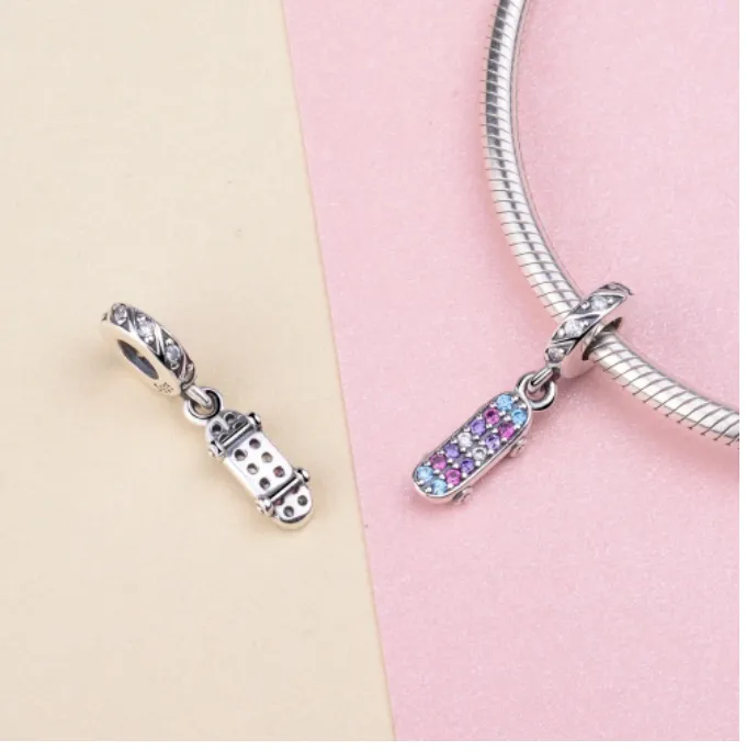 Purple Crystal Skateboard Charm 925 Sterling Silver