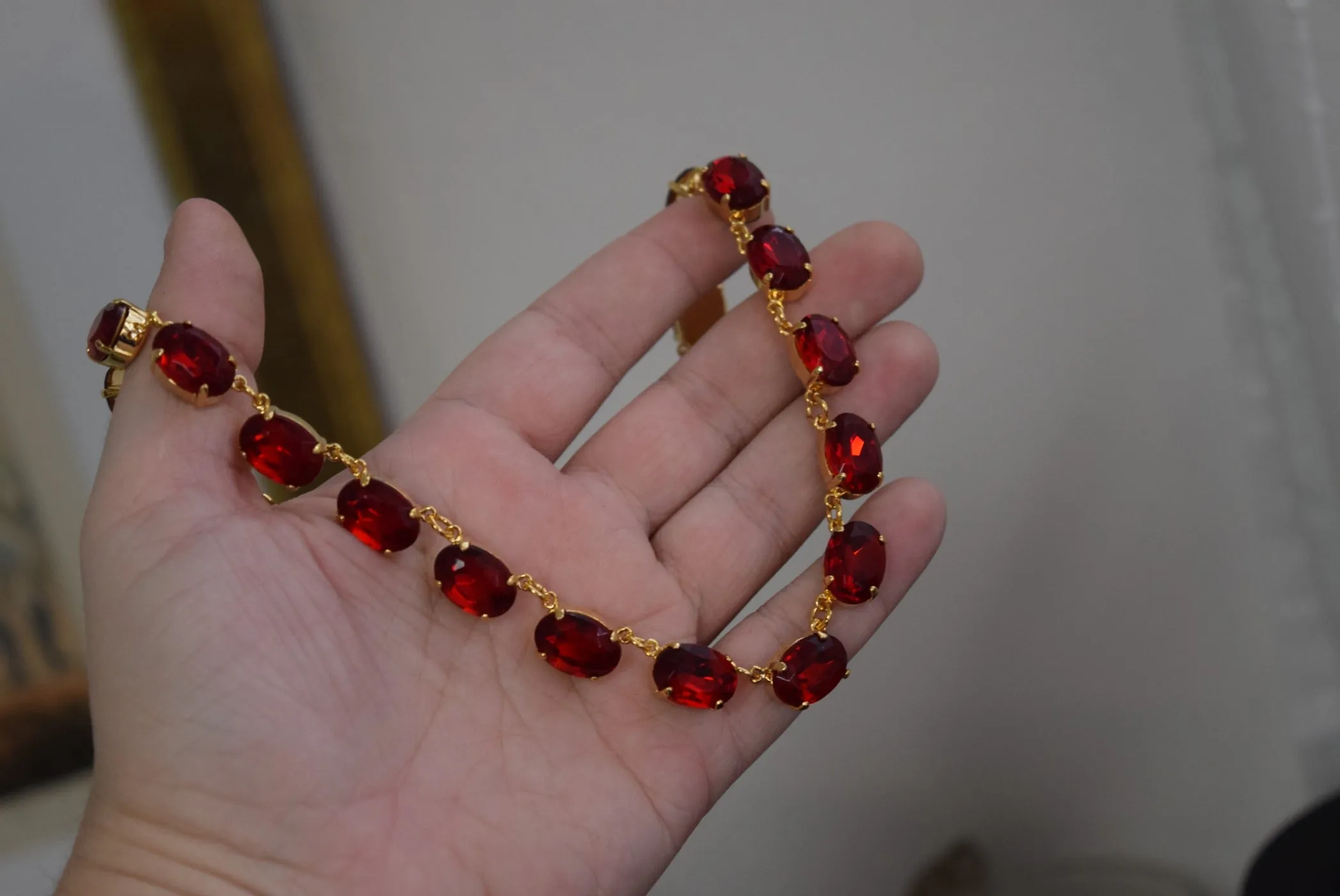 Ruby Red Crystal Collet Necklace - Medium Oval