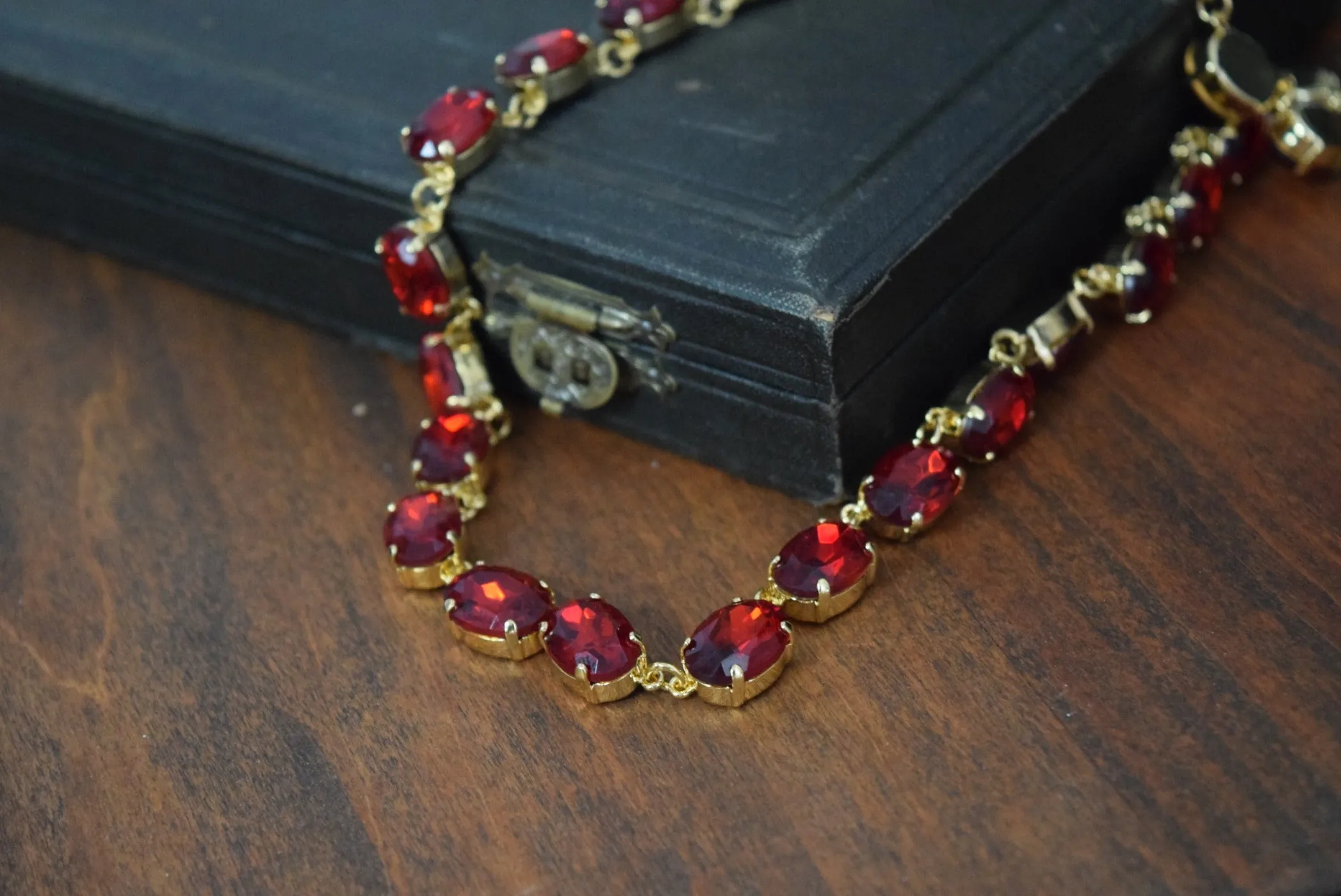 Ruby Red Crystal Collet Necklace - Medium Oval