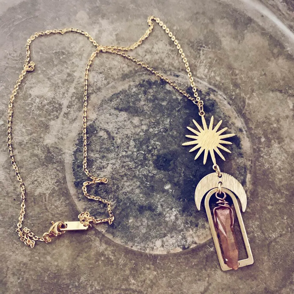 sun gazer // sun, crescent moon & canyon quartz crystal pendant